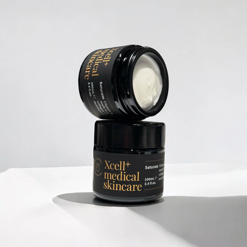Two stacked Xcell skincare jars