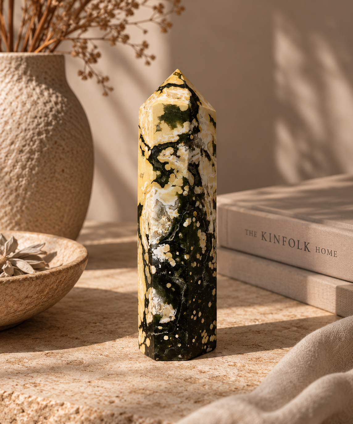 A green, cream and black Ocean Jasper Tower